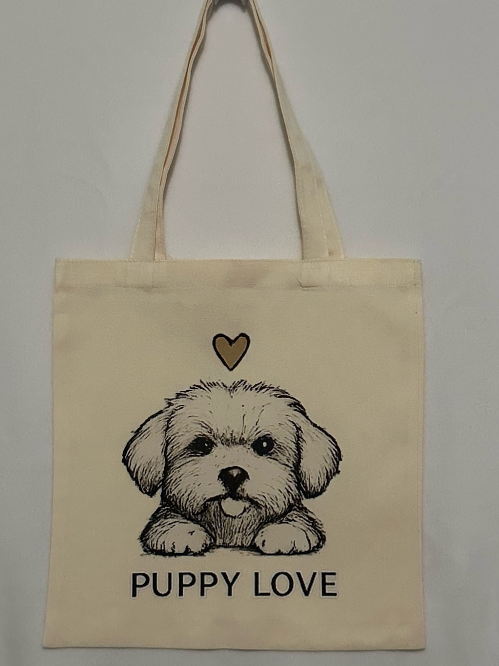 Canvas Puppy Love Tote Bag in Cream Color Size 13” x 14”